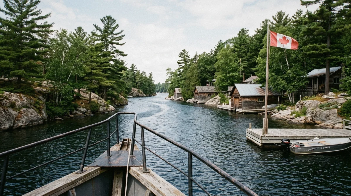 A sightseeing boat on a 1000 islands cruise threading a narrow channel between forested granite islands with cottages and boathouses near Gananoque