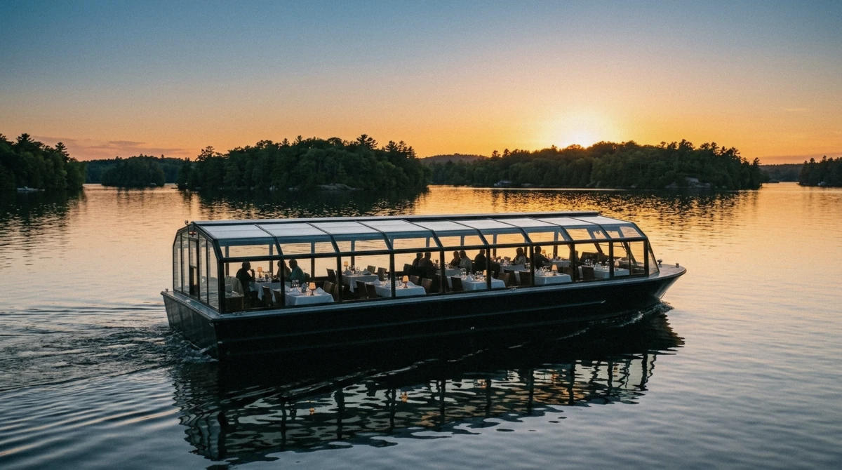 Table set for dinner on the glass-topped deck of a 1000 islands dinner cruise boat at sunset on the St. Lawrence River