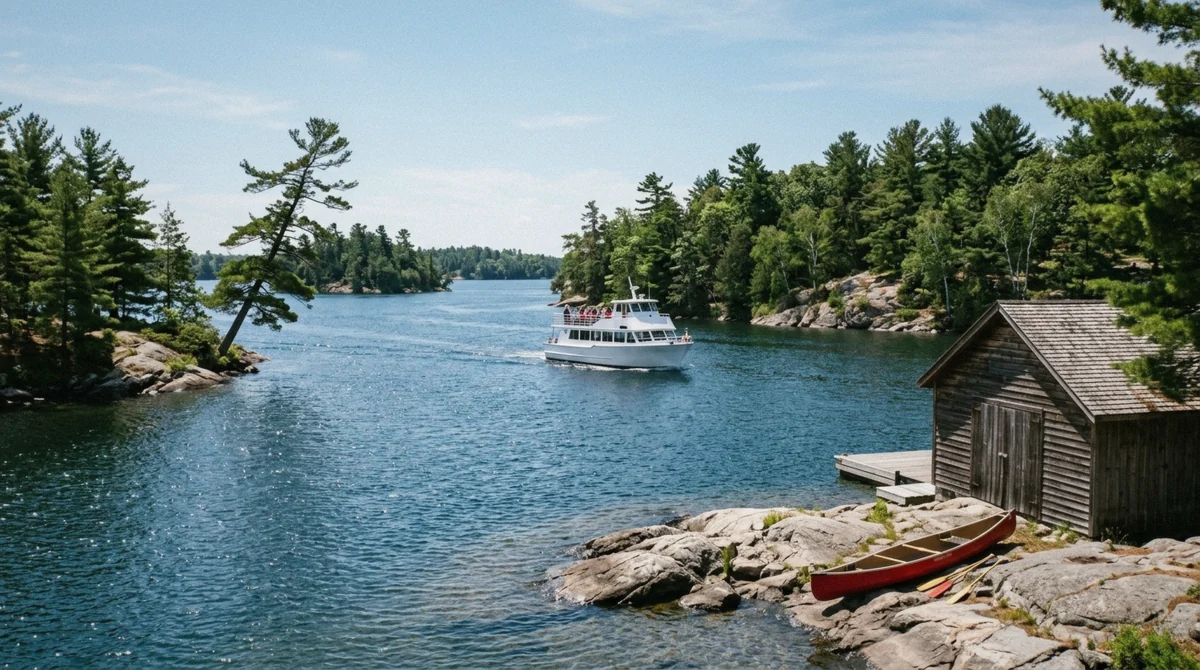 Cruise boat weaving between forested granite islands on a 1000 Islands cruise worth visiting on the St. Lawrence River